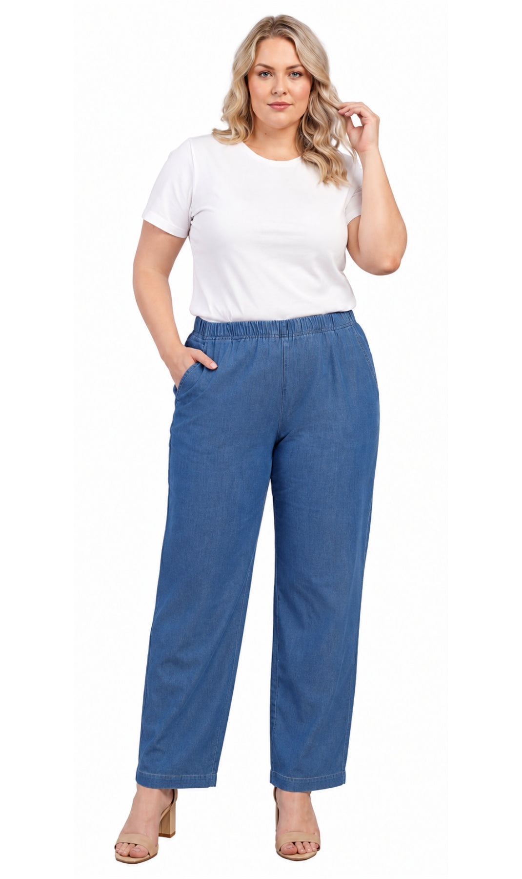 A woman modeling a pair of blue wide-leg cropped pants with a white t-shirt, standing against a plain white background.