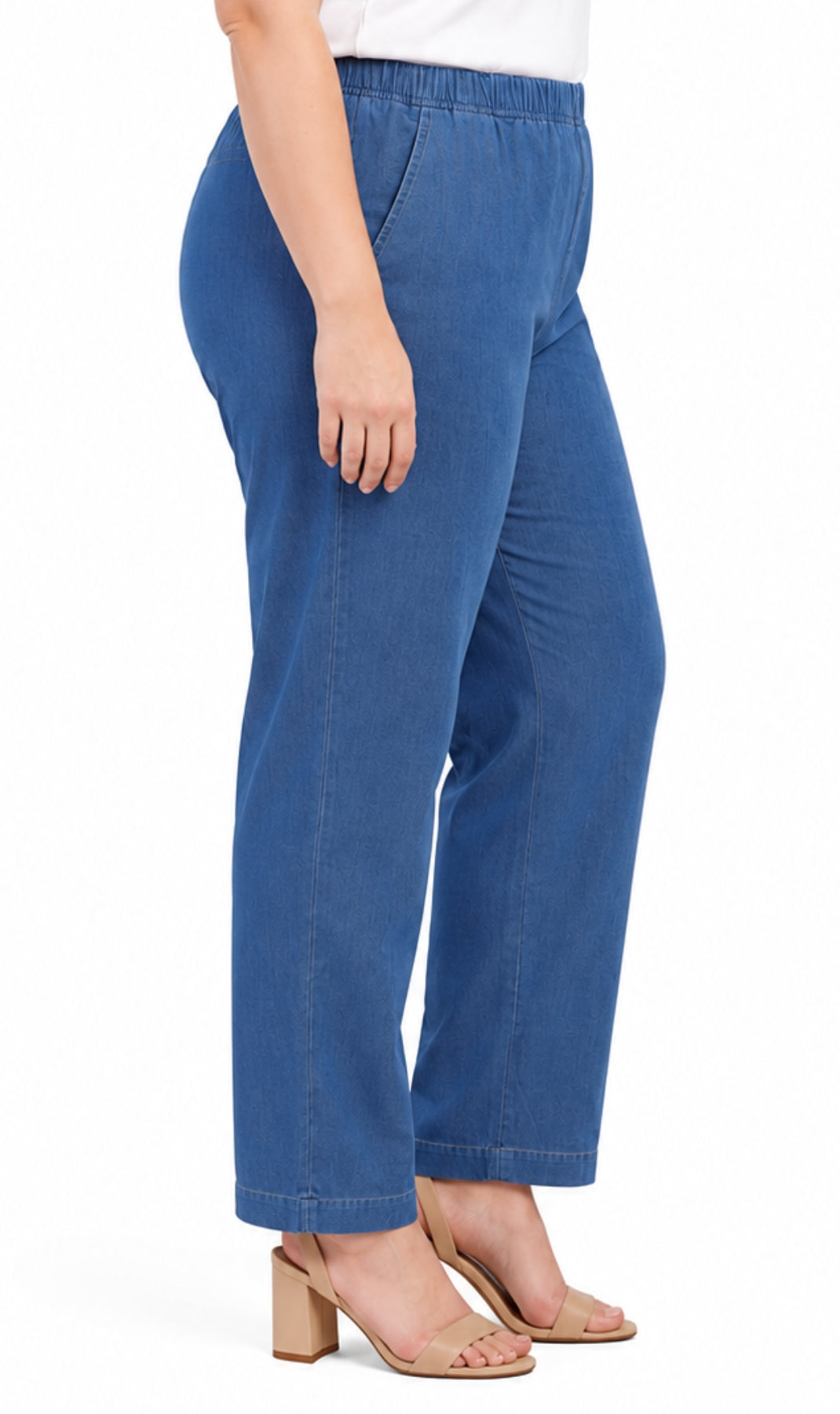 A side view of a model wearing blue wide-leg cropped pants with an elastic waistband, paired with beige block-heel sandals against a plain white background.