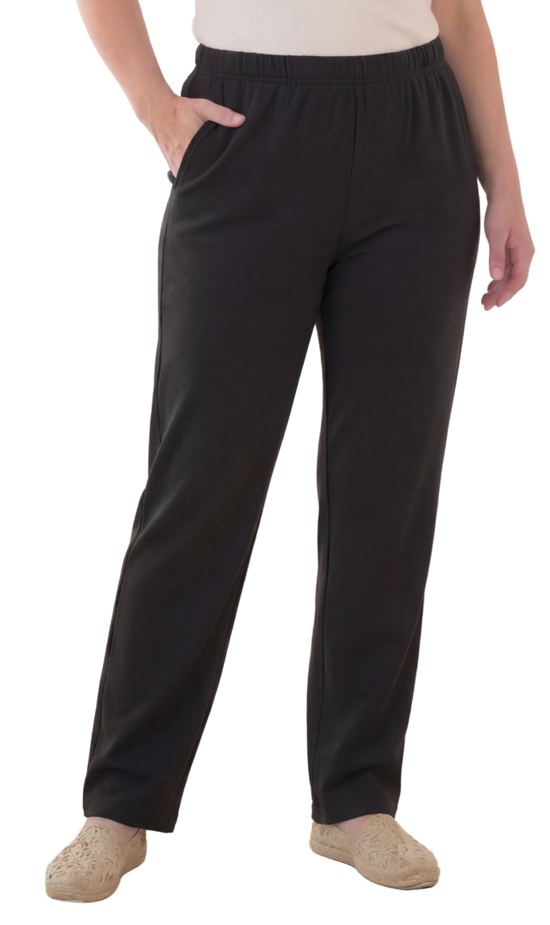 Turtle Bay New York Women's Knit Pull on Pants - Cotton Blend with Flat Front waistband black front