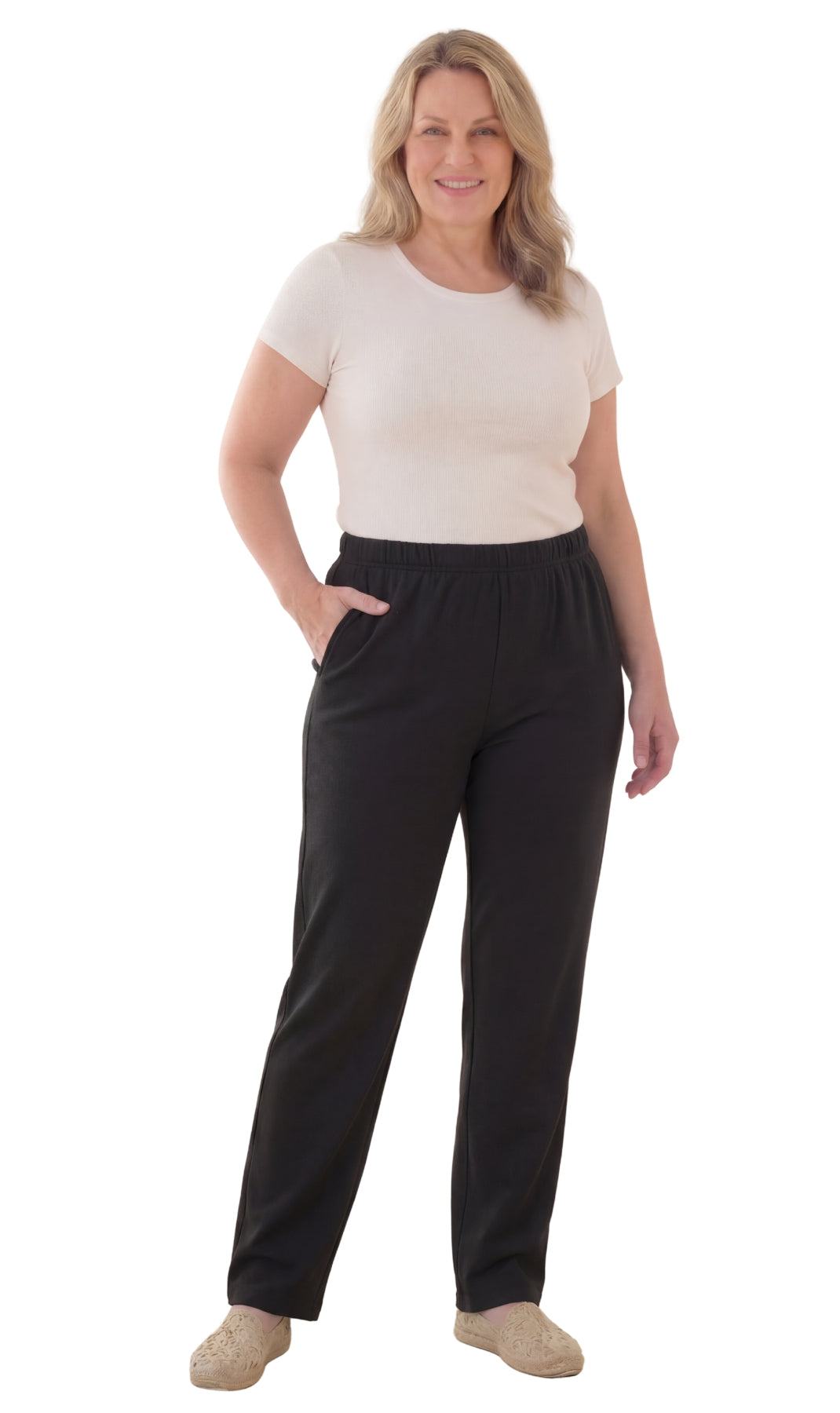 Turtle Bay New York Women's Knit Pull on Pants - Cotton Blend with Flat Front waistband black full