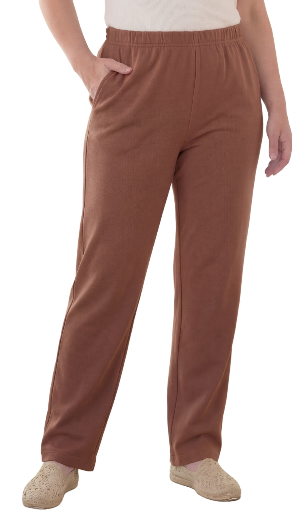 Turtle Bay New York Women's Knit Pull on Pants - Cotton Blend with Flat Front waistband brown front