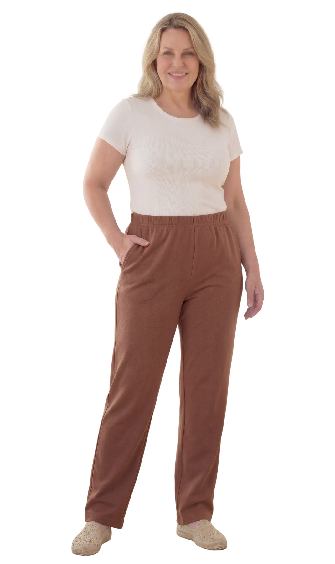 Turtle Bay New York Women's Knit Pull on Pants - Cotton Blend with Flat Front waistband brown full