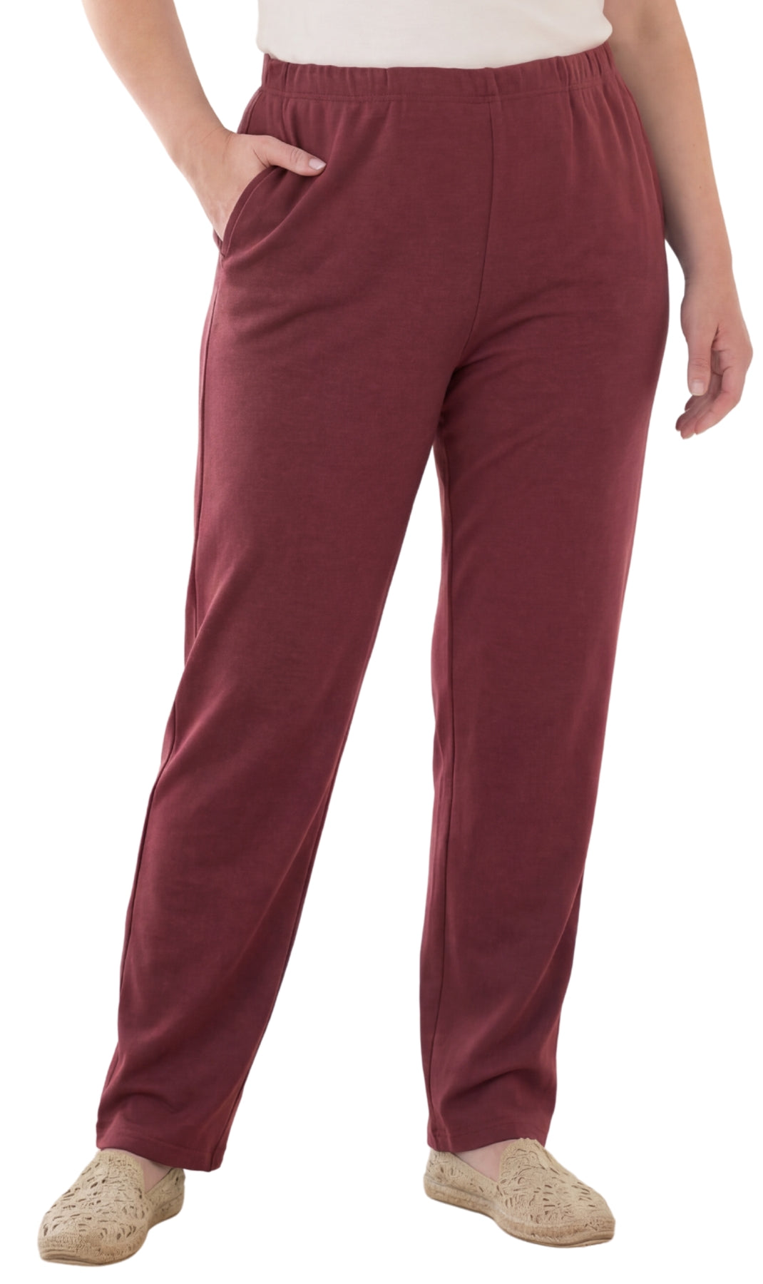 Turtle Bay New York Women's Knit Pull on Pants - Cotton Blend with Flat Front waistband burgundy front
