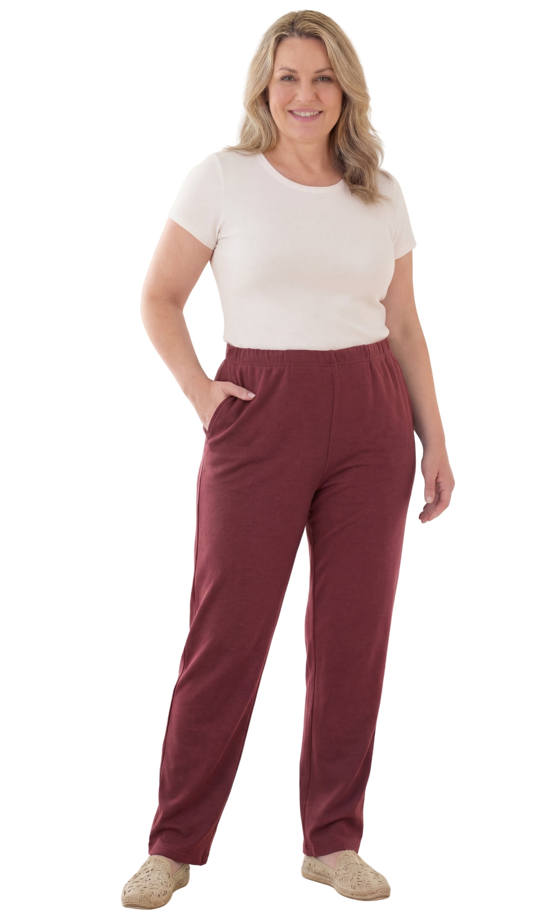 Turtle Bay New York Women's Knit Pull on Pants - Cotton Blend with Flat Front waistband burgundy full