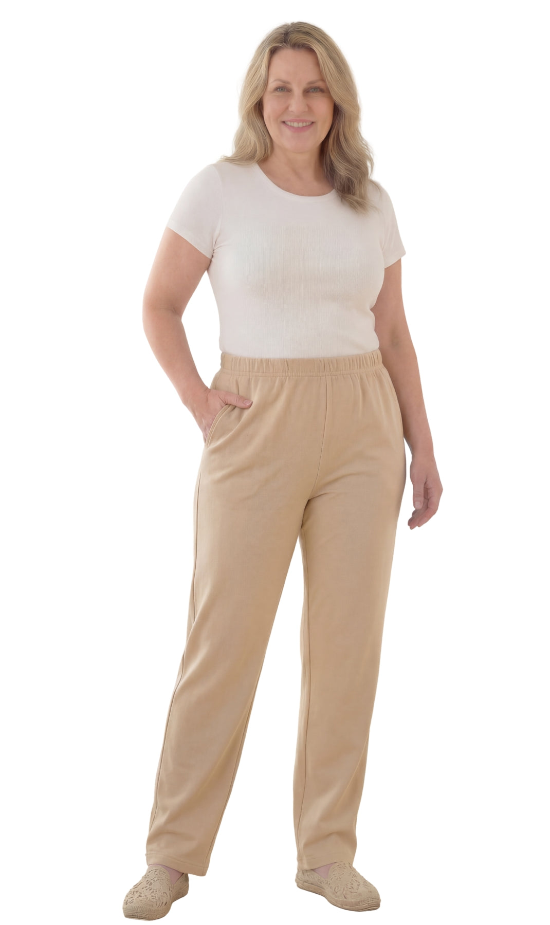 Turtle Bay New York Women's Knit Pull on Pants - Cotton Blend with Flat Front waistband tan full