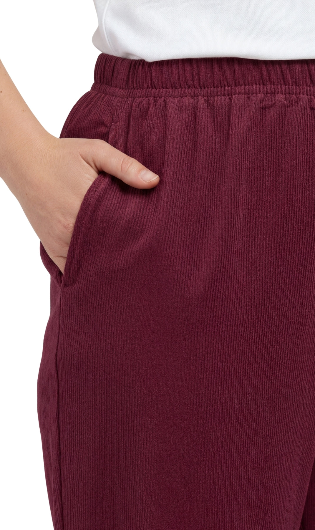 Turtle Bay New York Womens Pull On Fine Wale Corduroy Pants with soft-covered elastic waist Burgundy pocket