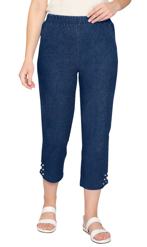 Women's Capris with Studded Hem Detail in Tri-Blend Denim and Twill with Angled side Pockets Med Blue