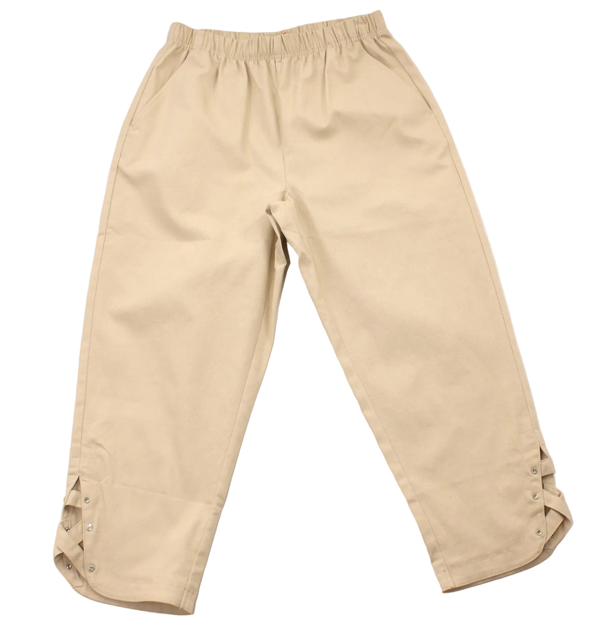 Beige cropped pants with an elastic waistband and lace-up ankle cuffs, laid flat on a white background.