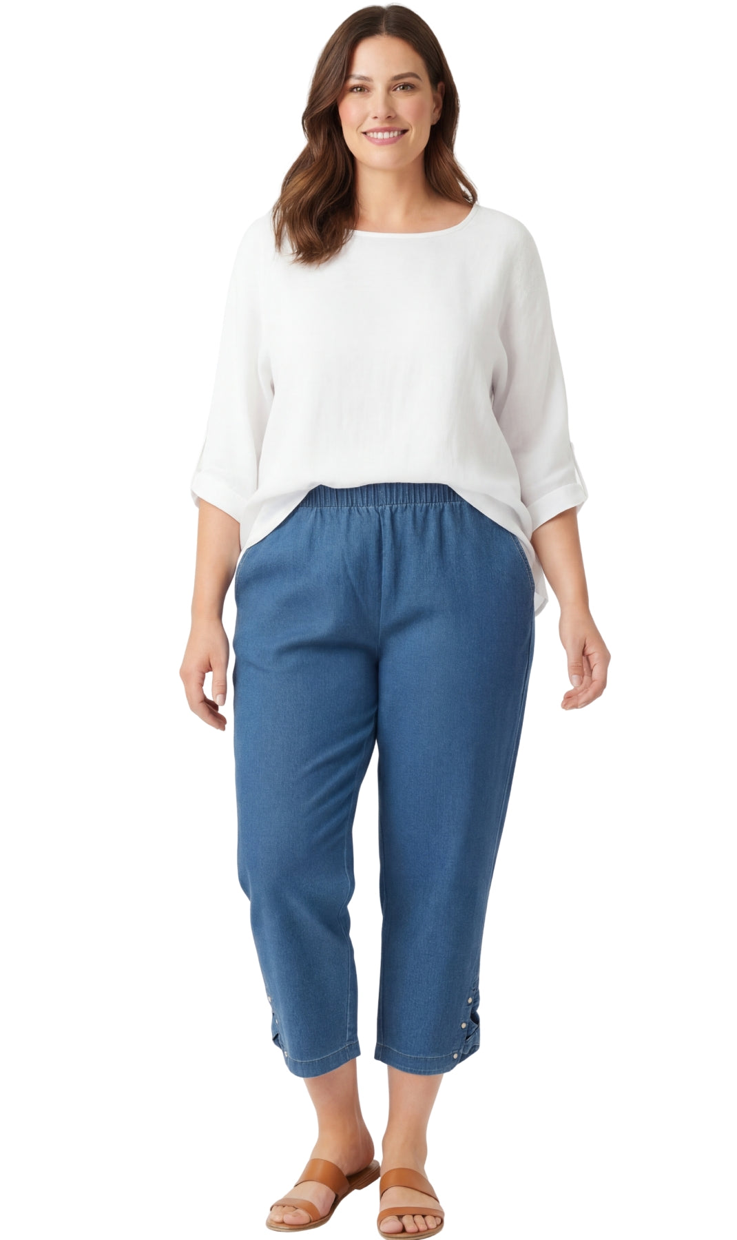 Women's Capris with Studded Hem Detail in Tri-Blend Denim and Twill with Angled side Pockets 5