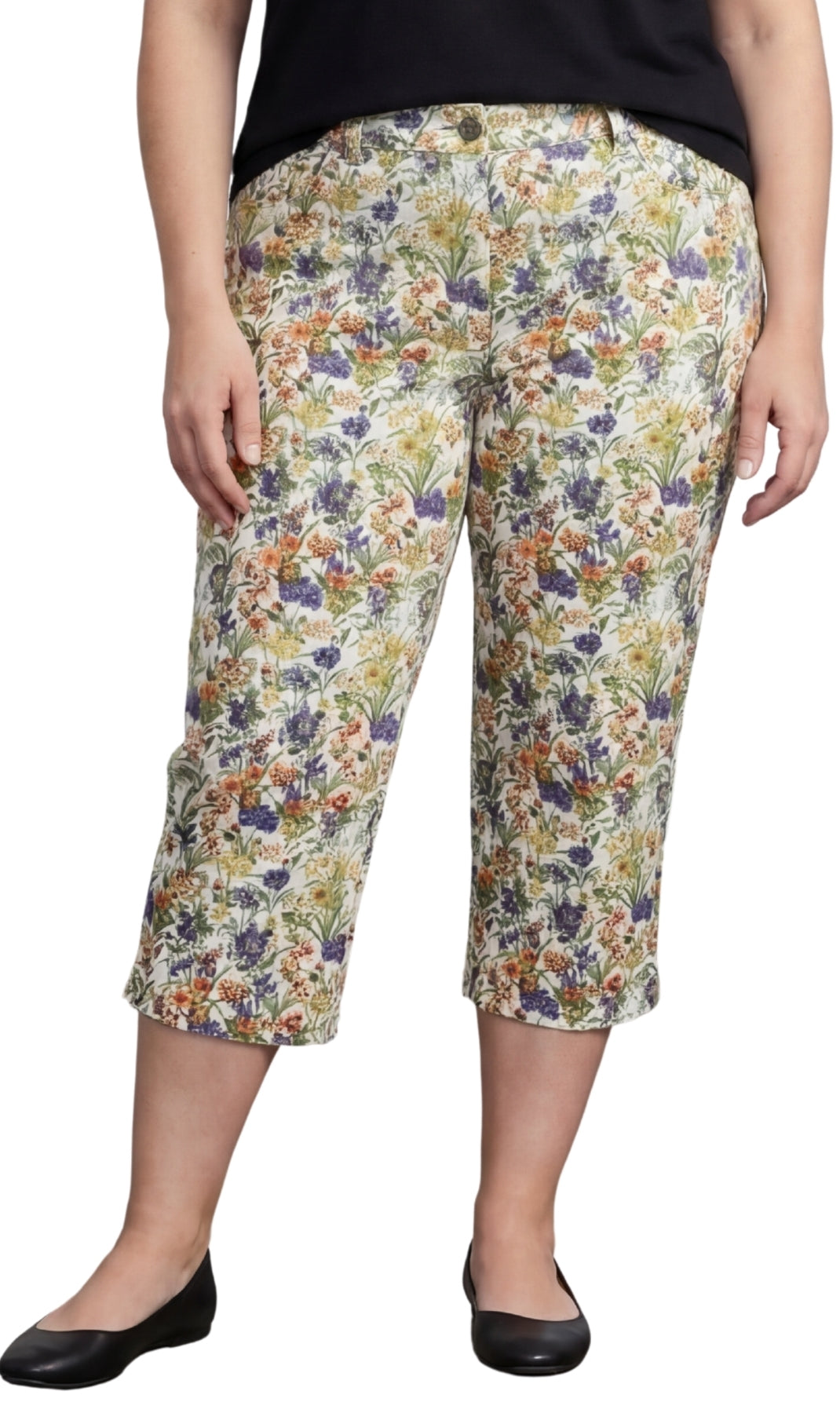 Women's Casual Botanical Bloom Capri Pants with Front Pockets and A Consealed Zipper