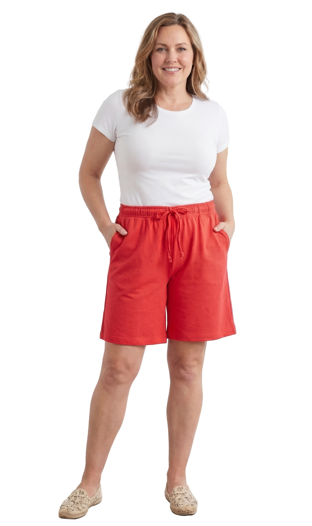 Turtle Bay New York Women's Interlock Knit cotton Shorts with Elastic Waist and Adjustable Drawstring red full
