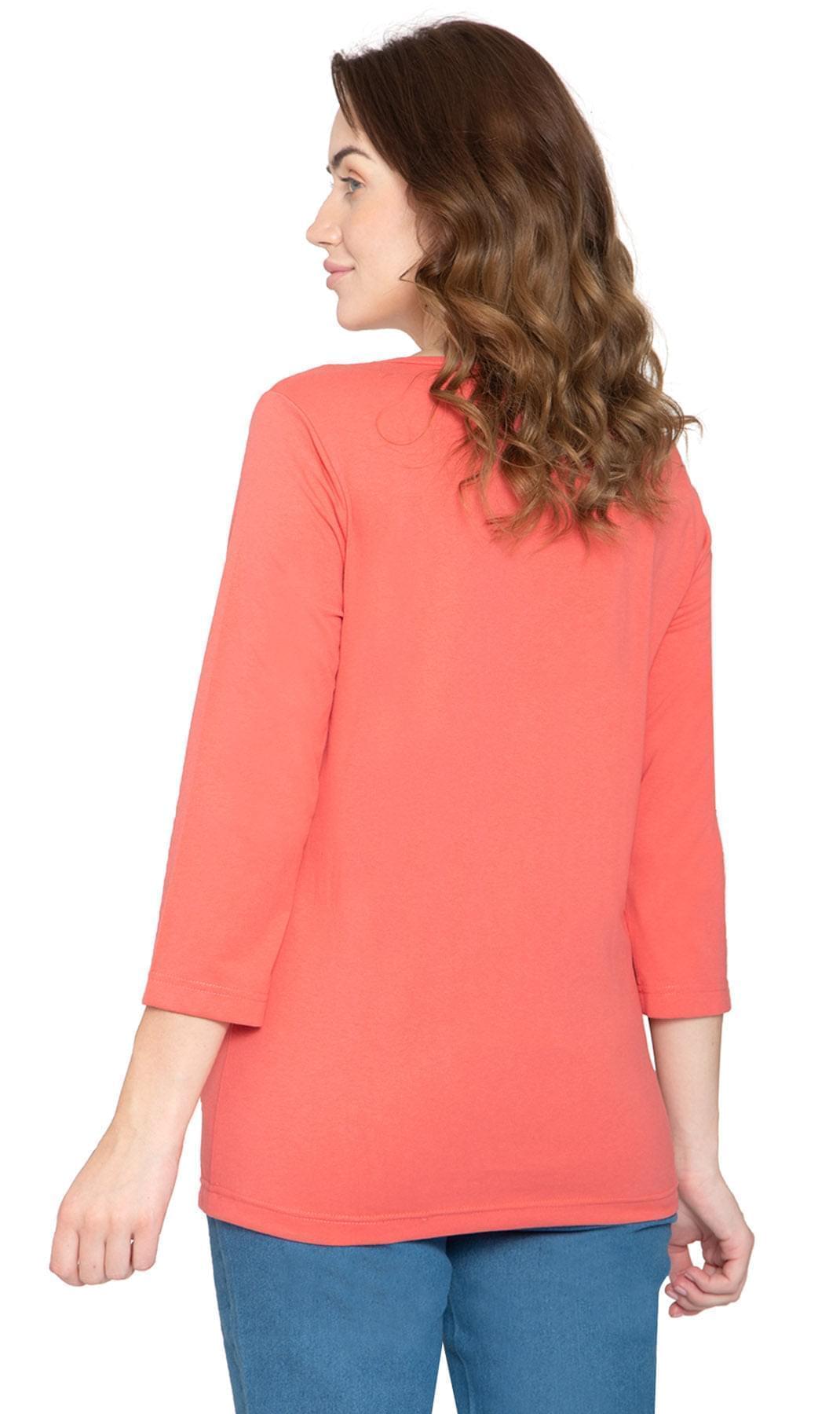 Women's 3/4 Sleeve Crew Neck Top - Comfortable Jersey Knit to Dress Up or Down - Coral - Back-  TURTLE BAY APPAREL