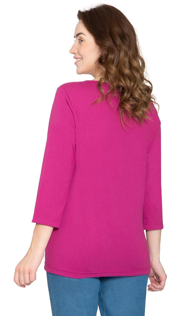 Women's 3/4 Sleeve Crew Neck Top - Comfortable Jersey Knit to Dress Up or Down - Deep Orchid - Back -TURTLE BAY APPAREL