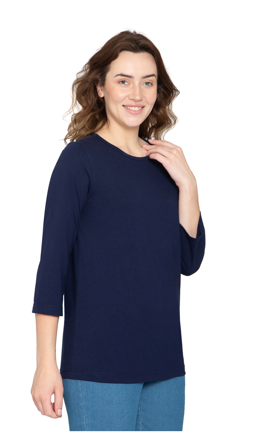 Women's 3/4 Sleeve Crew Neck Top - Comfortable Jersey Knit to Dress Up or Down - Navy - Side -  TURTLE BAY APPAREL