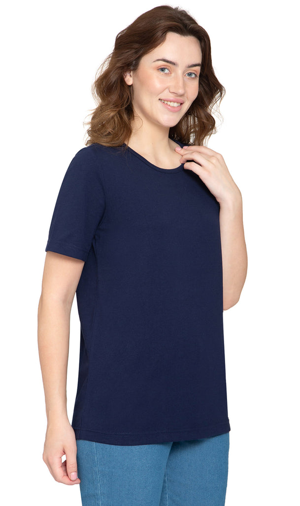 Women's Short Sleeve Crew Neck Knit Tee -  Navy - Side - TURTLE BAY APPAREL