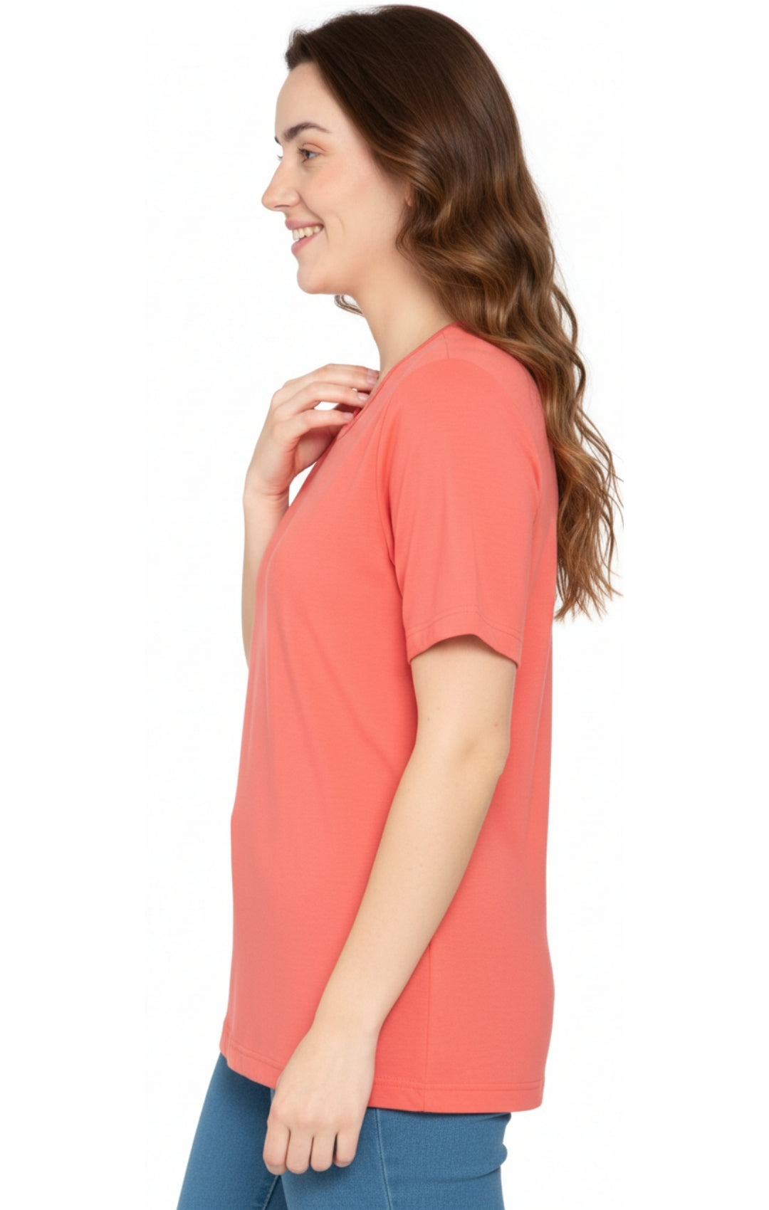 Turtle Bay Apparel Women's Relaxed Fit Short-Sleeve Crew neck knit Tee Shirt – Coral Side View