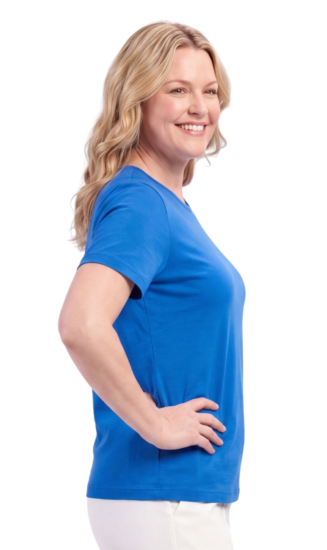 Turtle Bay Apparel Women's Relaxed Fit Short-Sleeve Crew neck knit Tee Shirt – Royal Side View