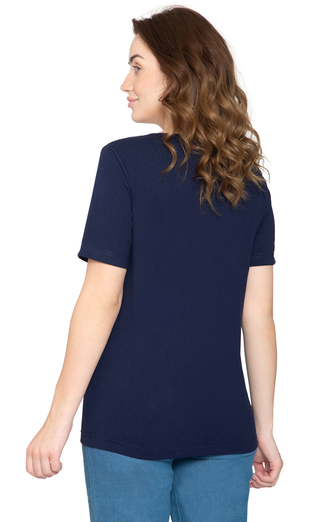 Women's V Neck Knit TeeÔÇô Hits at the Hip for Longer Coverage and a Sleeker Fit - Navy - back - TURTLE BAY APPAREL