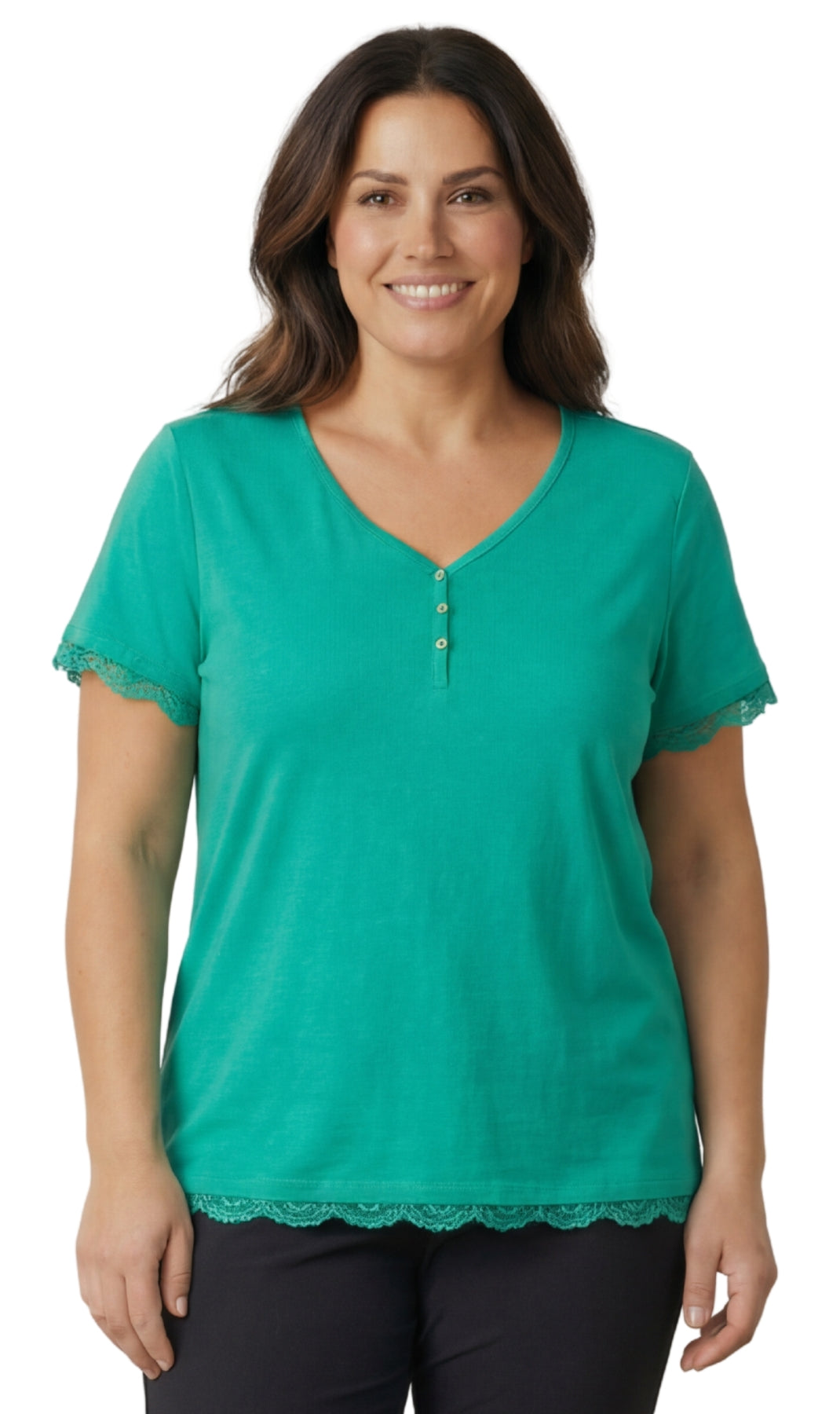 Turtle Bay New York Women's V-neck Short Sleeve Tshirt with A Three Button Placket green leaf front