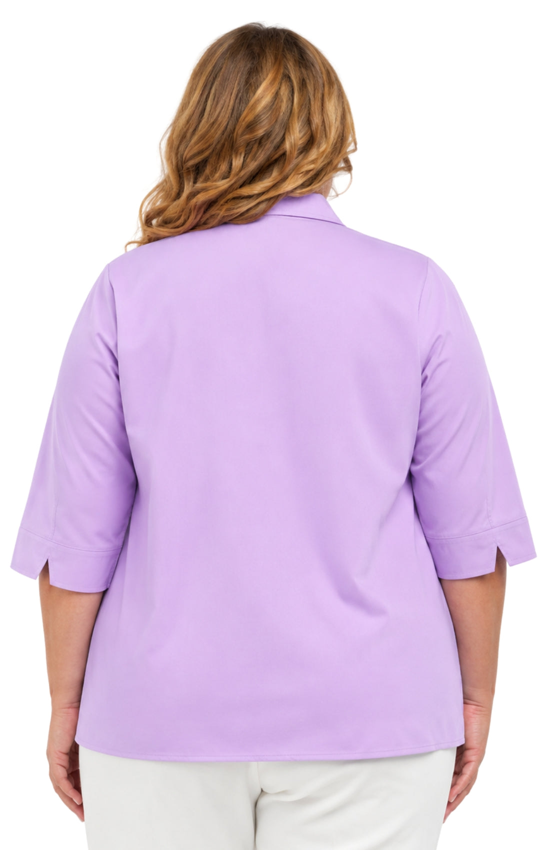Person wearing a purple shirt with a white background