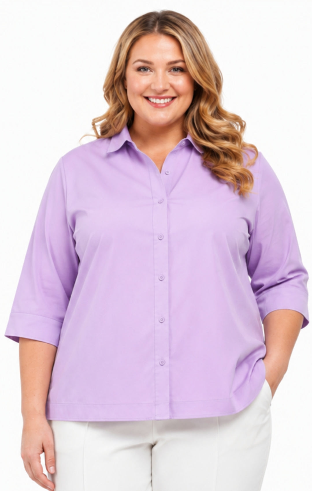 Woman wearing a light purple button-up shirt with a white background