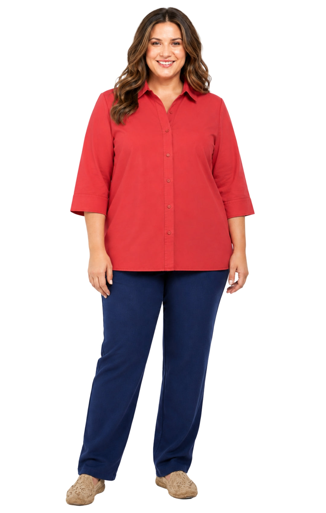 Woman wearing a red shirt and blue pants on a white background
