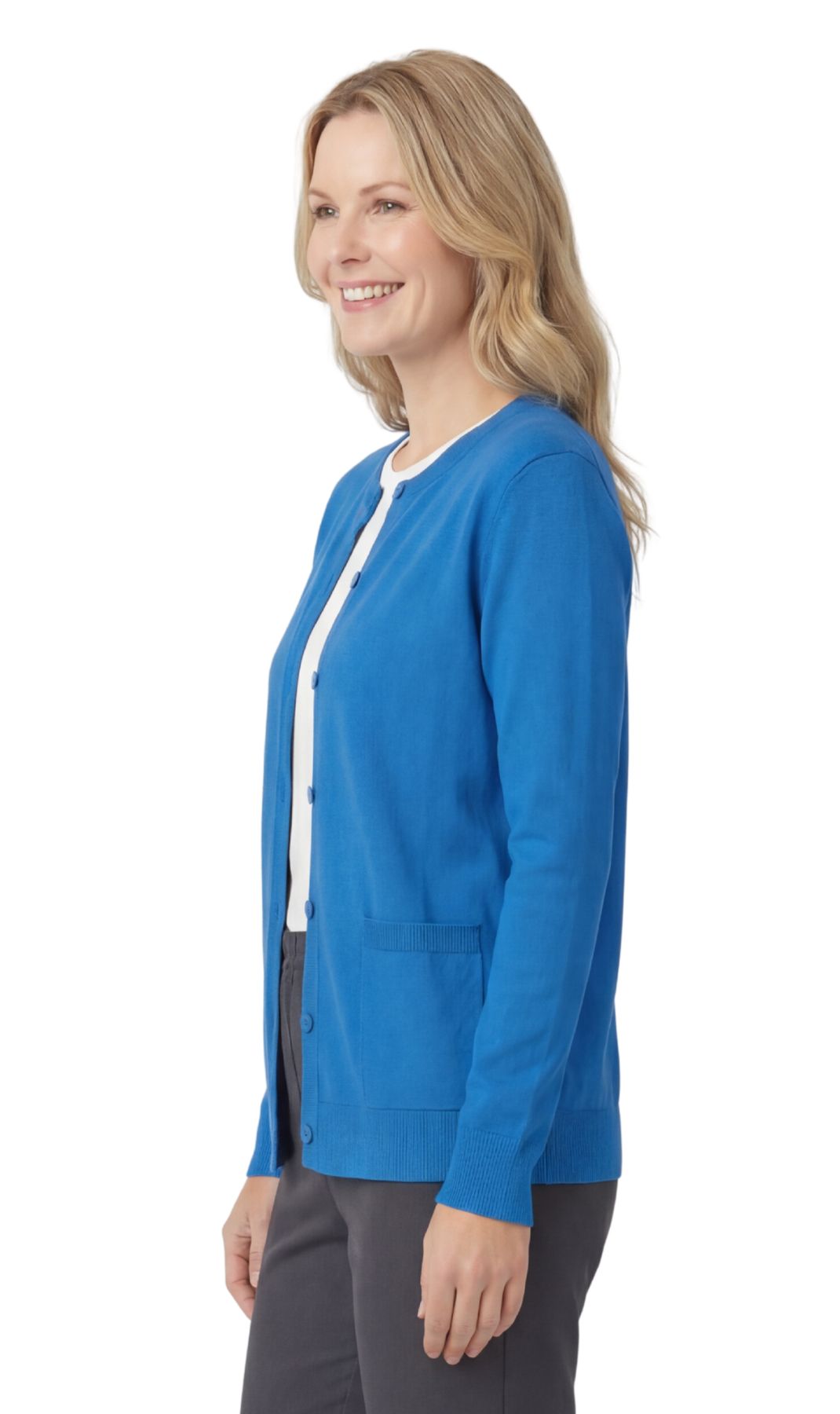 Turtle Bay New York Women's Soft Cotton Button-Up Cardigan Crewneck Sweater Long Sleeves with Front Pockets royal side