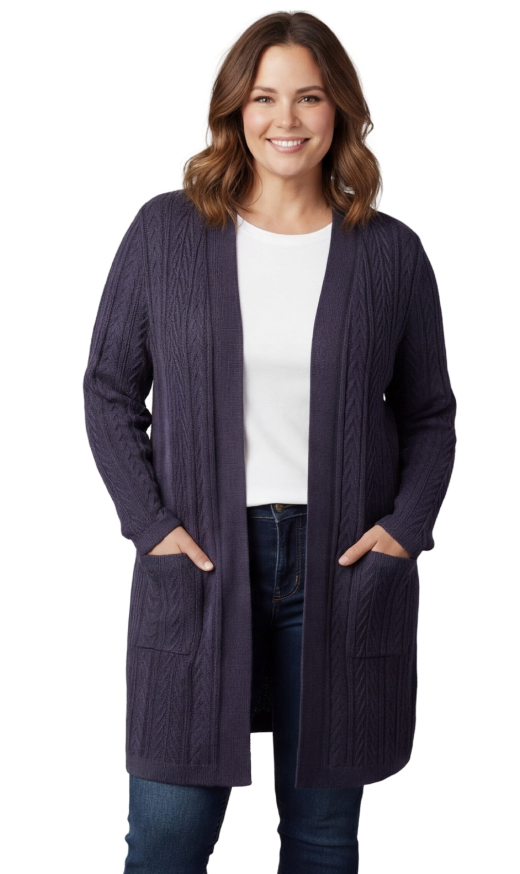Turtle Bay New York Women's Cable Knit Duster Sweater with Pockets Effortless Longline Cardigan for Everyday Warmth navy front