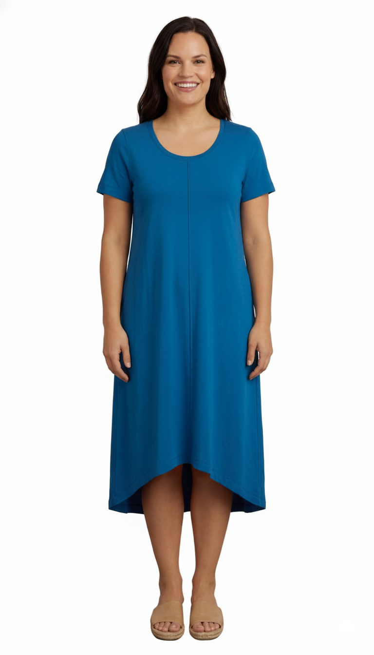 Women's Knit Wide Scoop Neck Short Sleeve Dress in A-line Asymmetrical Hem 8