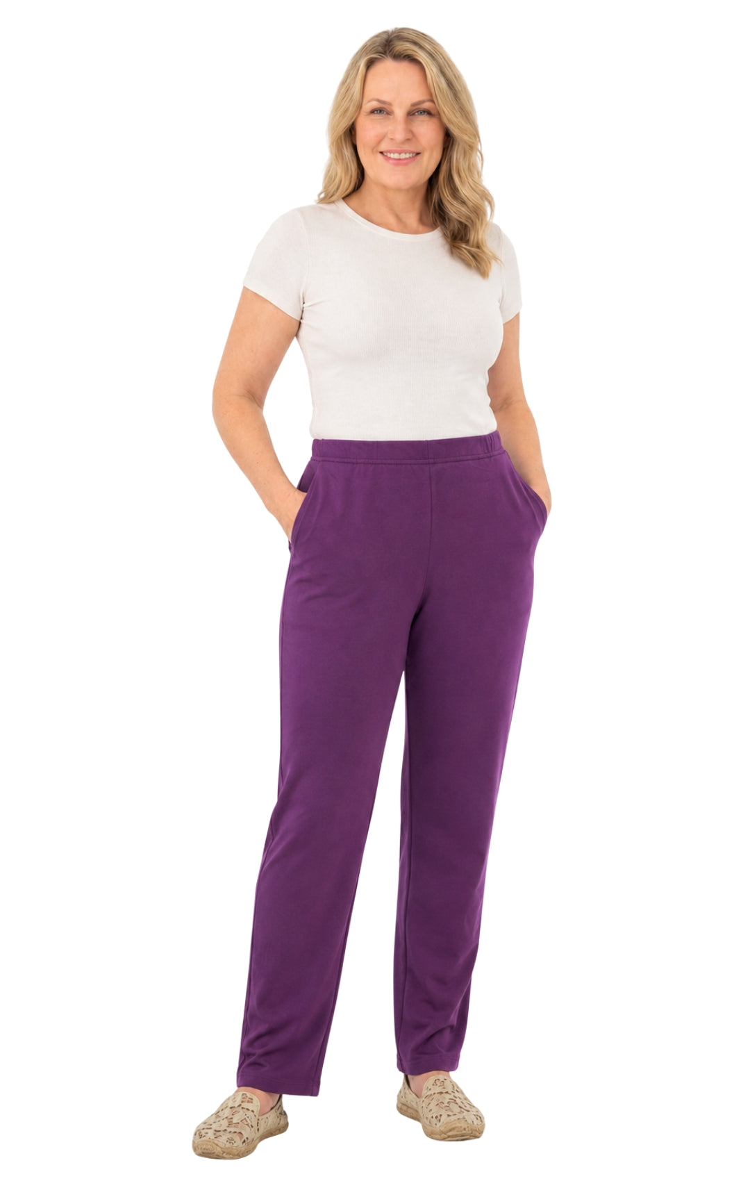 Women's Pull-On Flat Front Knit Pants — Cotton Blend Elastic Waist 42