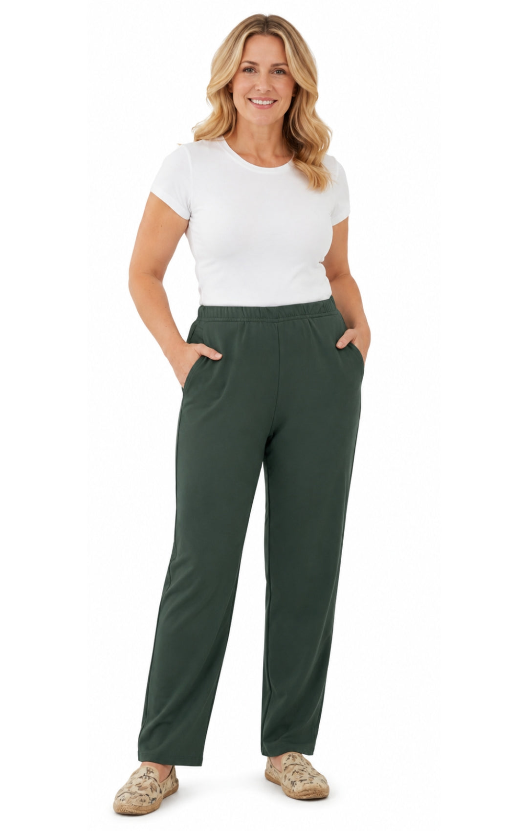 Women's Pull-On Flat Front Knit Pants — Cotton Blend Elastic Waist 46