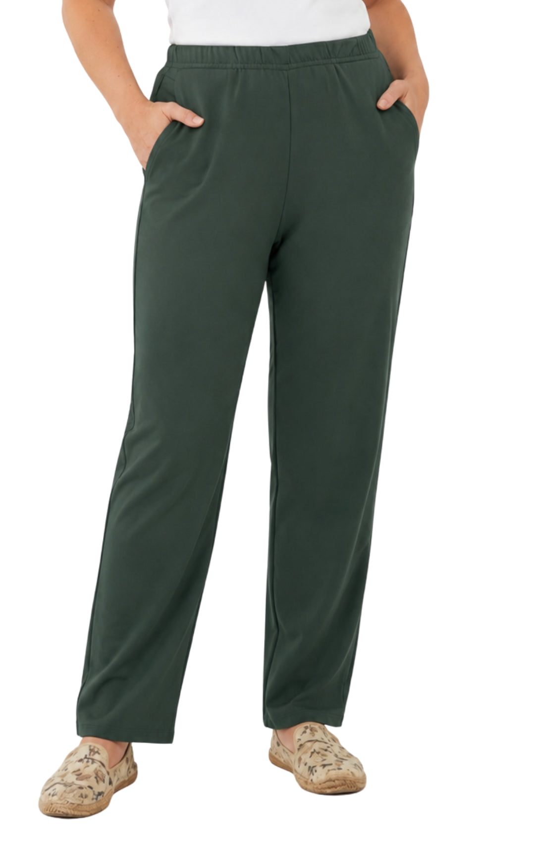 Women's Pull-On Flat Front Knit Pants — Cotton Blend Elastic Waist 44