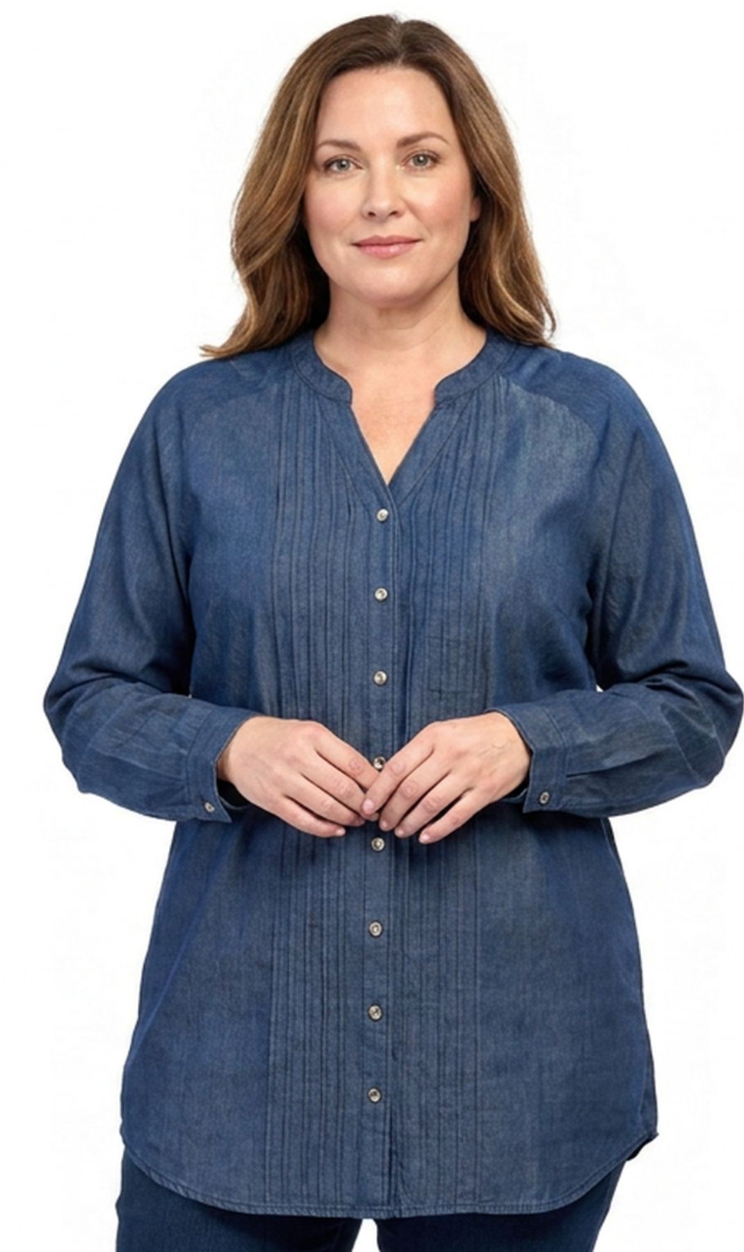 Women's Denim Pintuck Button-Front Tunic Top