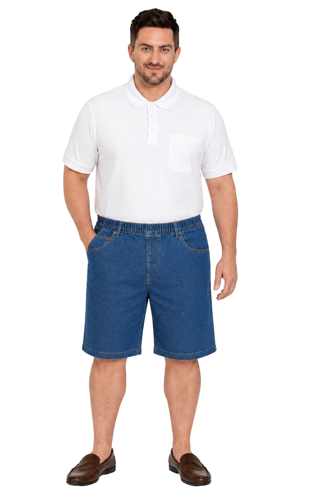 Man wearing a white polo shirt and blue shorts on a white background
