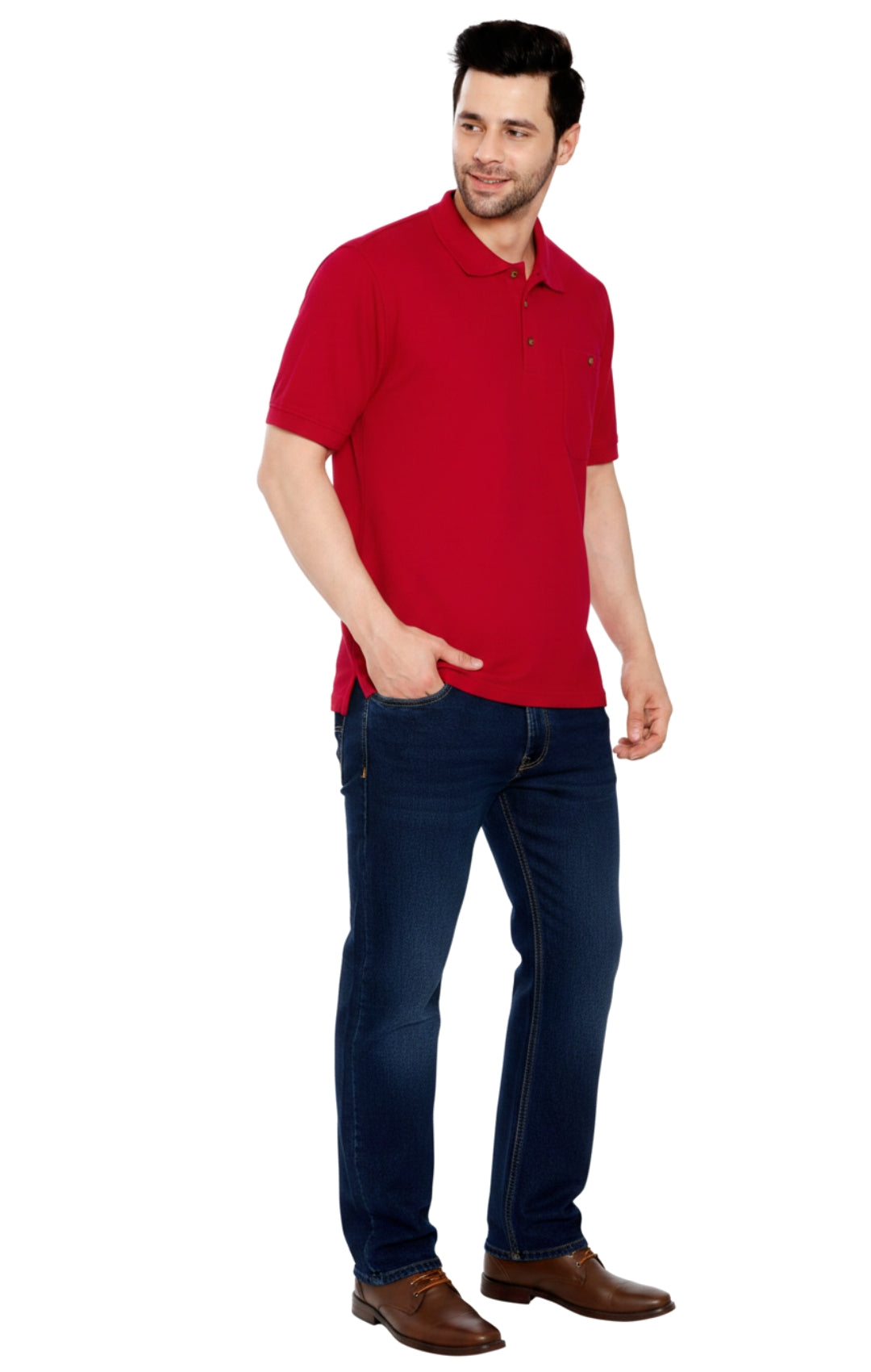 Turtle Bay Apparel Men's Short Sleeve Pique Polo Shirt in Cotton Blend with Front Pocket – Red Full Length View