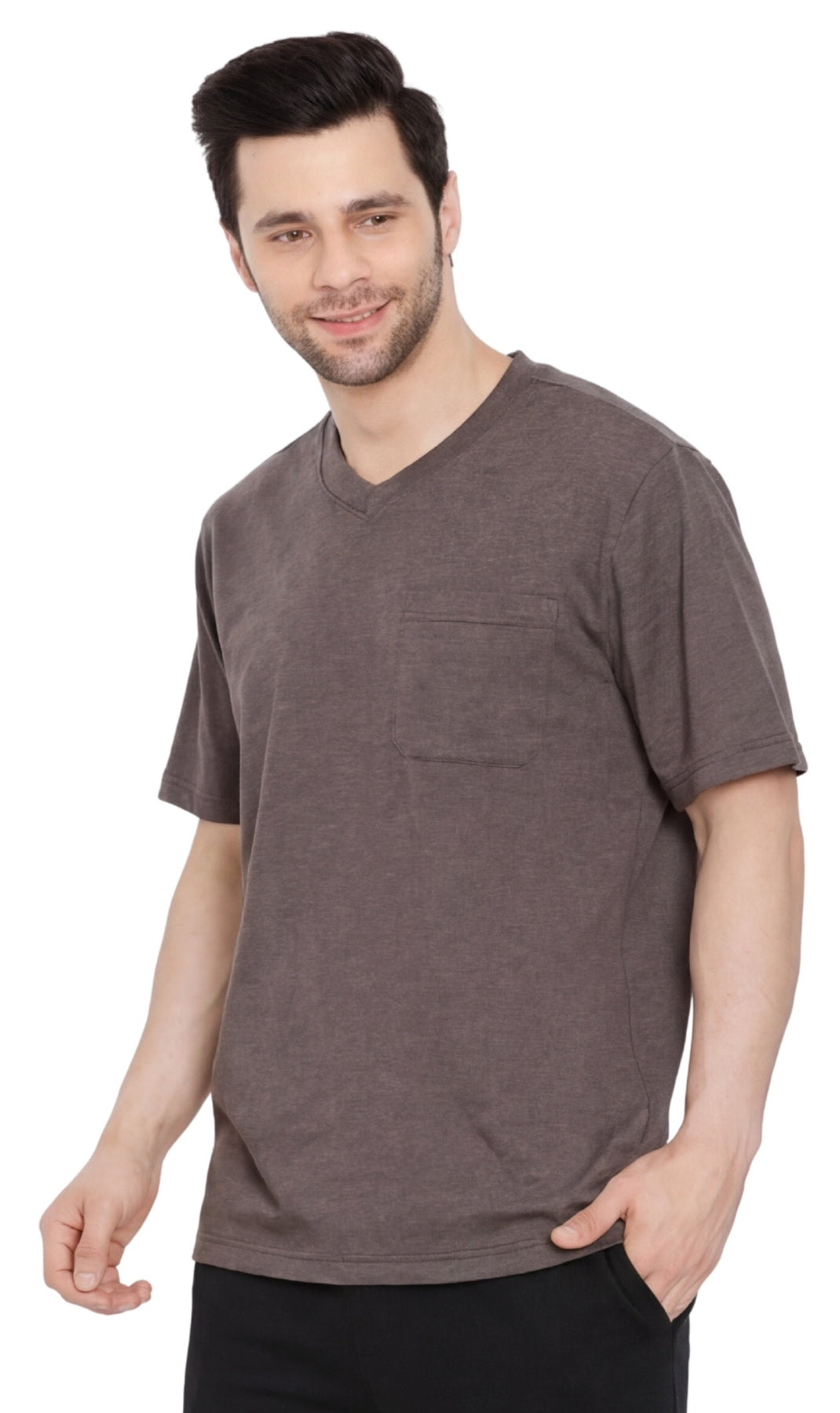 Turtle Bay New York Men's Heavyweight Short Sleeve V-Neck T-Shirt – Relaxed Fit Cotton Blend with Pocket charcoal front
