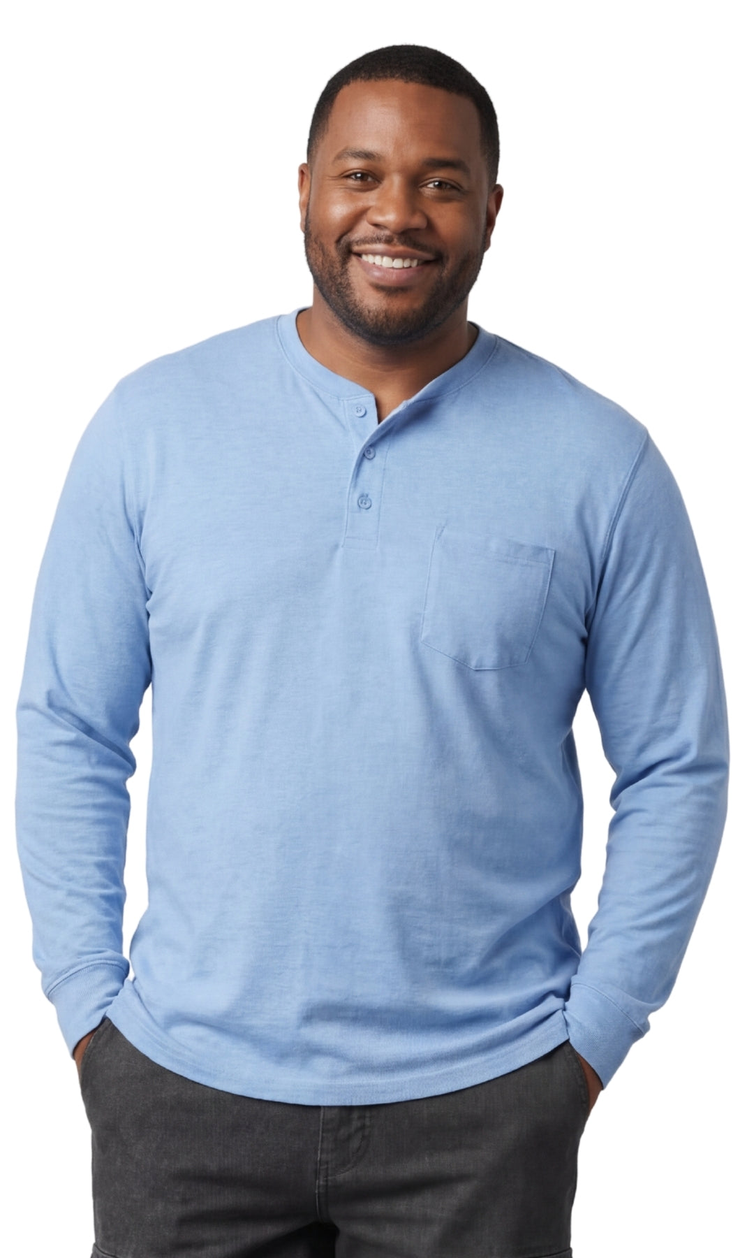 Turtle Bay New York Men's Long Sleeve Henley shirt in cotton blend with 3 Button Placket & Chest Pocket Blue Heather front