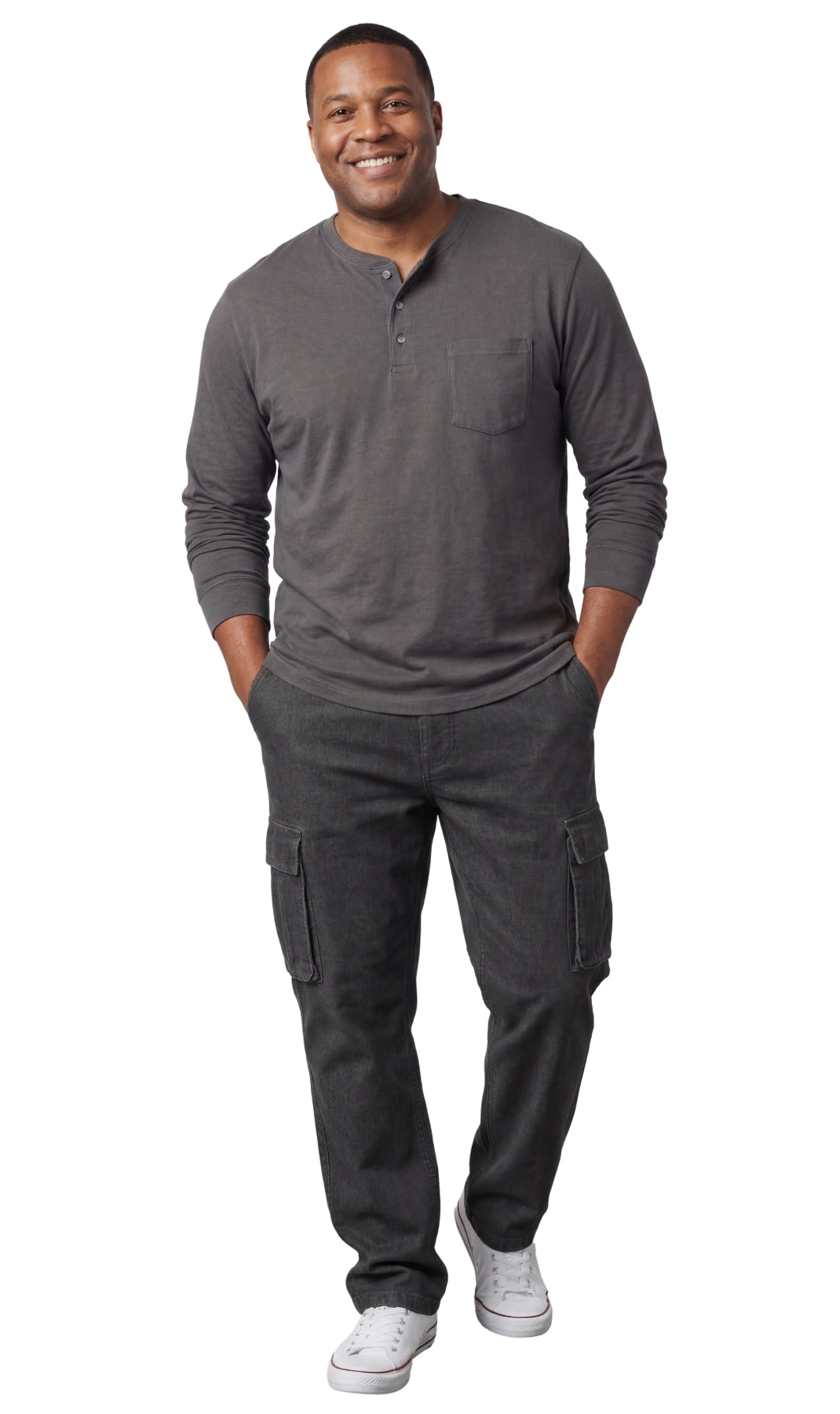 Turtle Bay New York Men's Long Sleeve Henley shirt in cotton blend with 3 Button Placket & Chest Pocket charcoal full