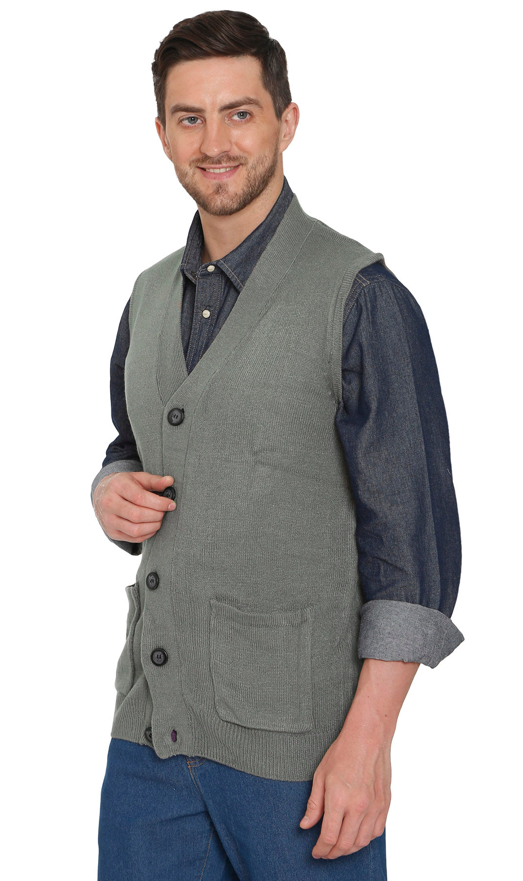 Men's Cashmere-Like Button Front Flat Knit Sweater Vest with front patch pockets 3
