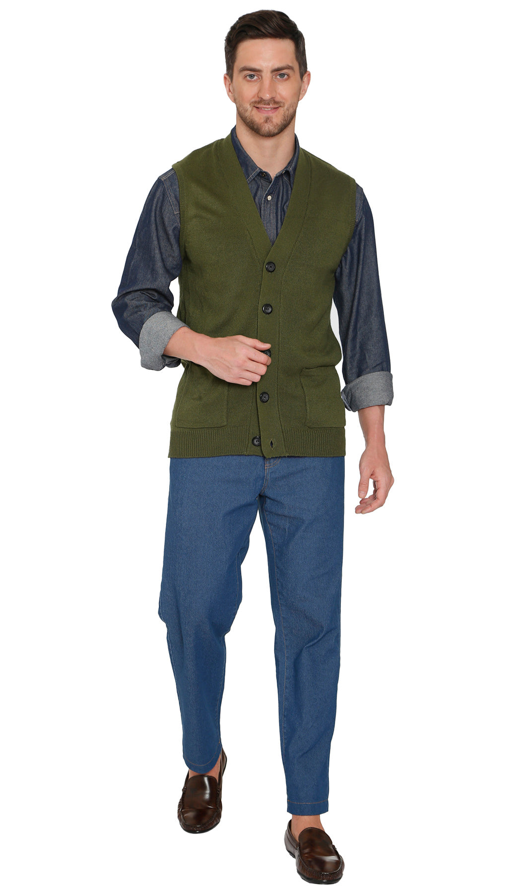 Men's Cashmere-Like Button Front Flat Knit Sweater Vest with front patch pockets 25