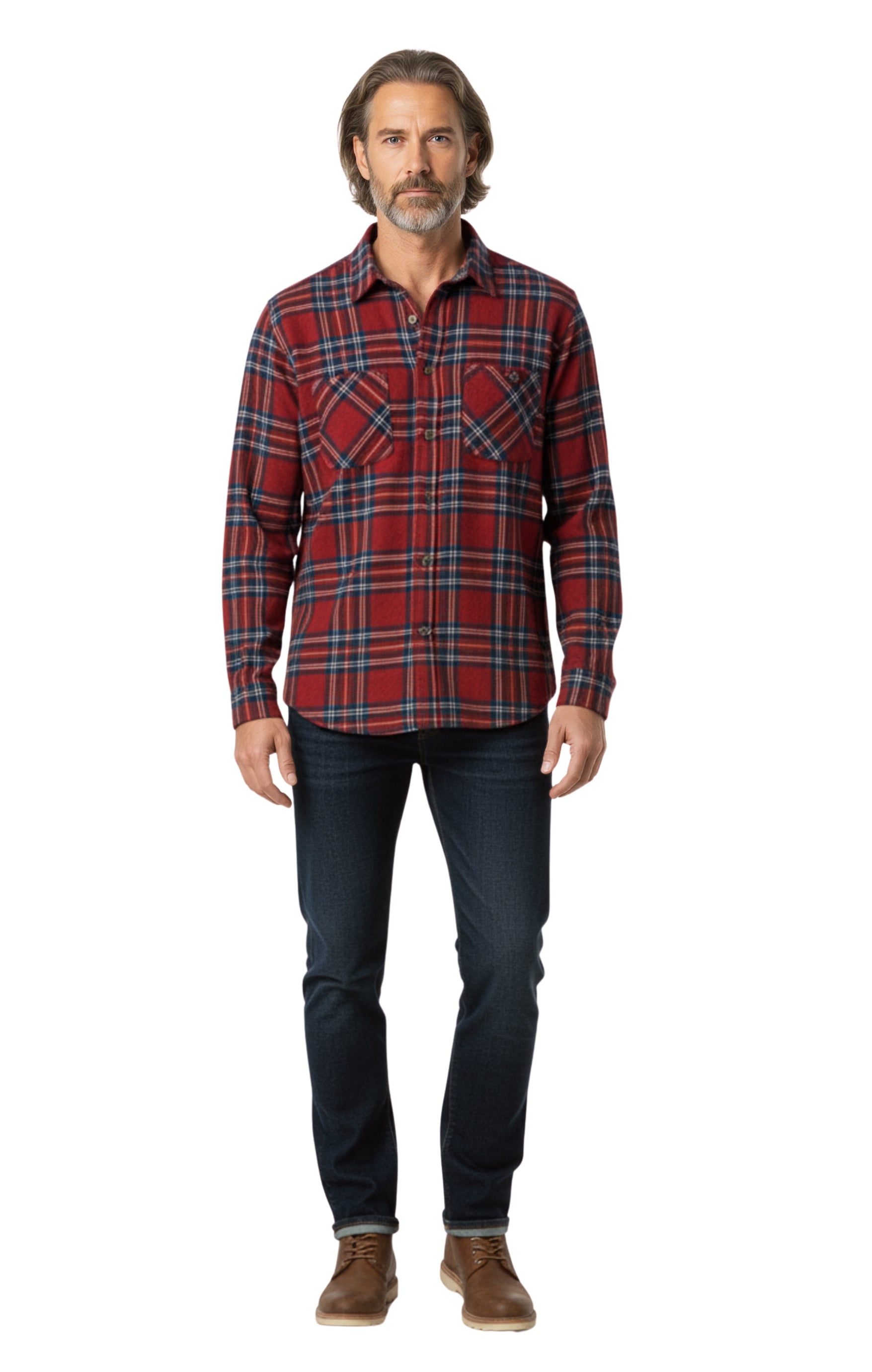 Turtle Bay New York Men's Heathered Fleece Overshirt with Chest Pockets and Tortoise-shell patterned Buttons Burgundy Plaid full