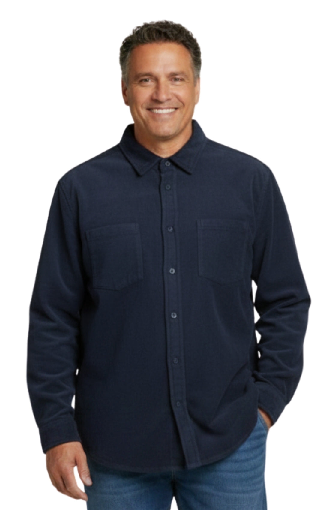 Man wearing a navy blue button-up shirt on a white background