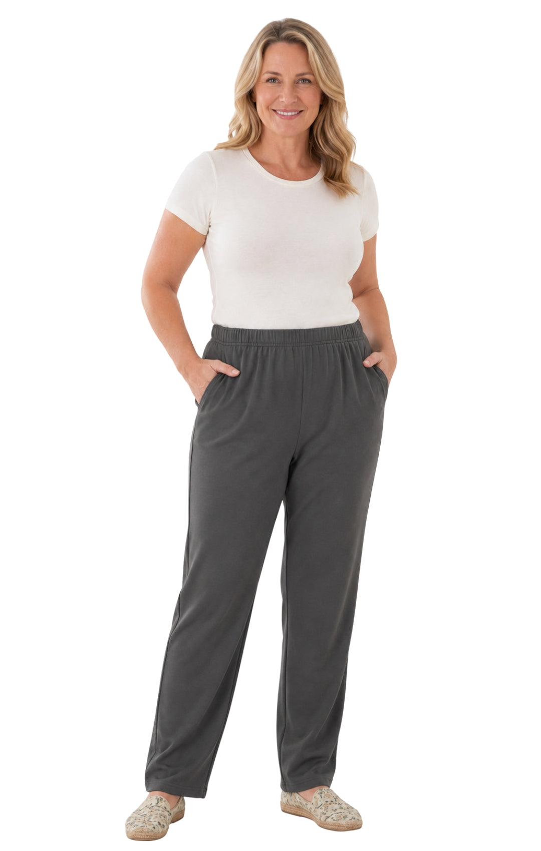 Women's Pull-On Flat Front Knit Pants — Cotton Blend Elastic Waist 38