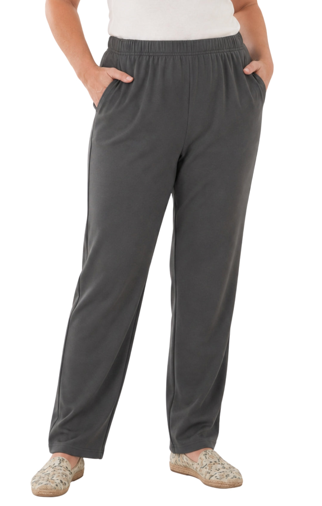 Women's Pull-On Flat Front Knit Pants — Cotton Blend Elastic Waist 35