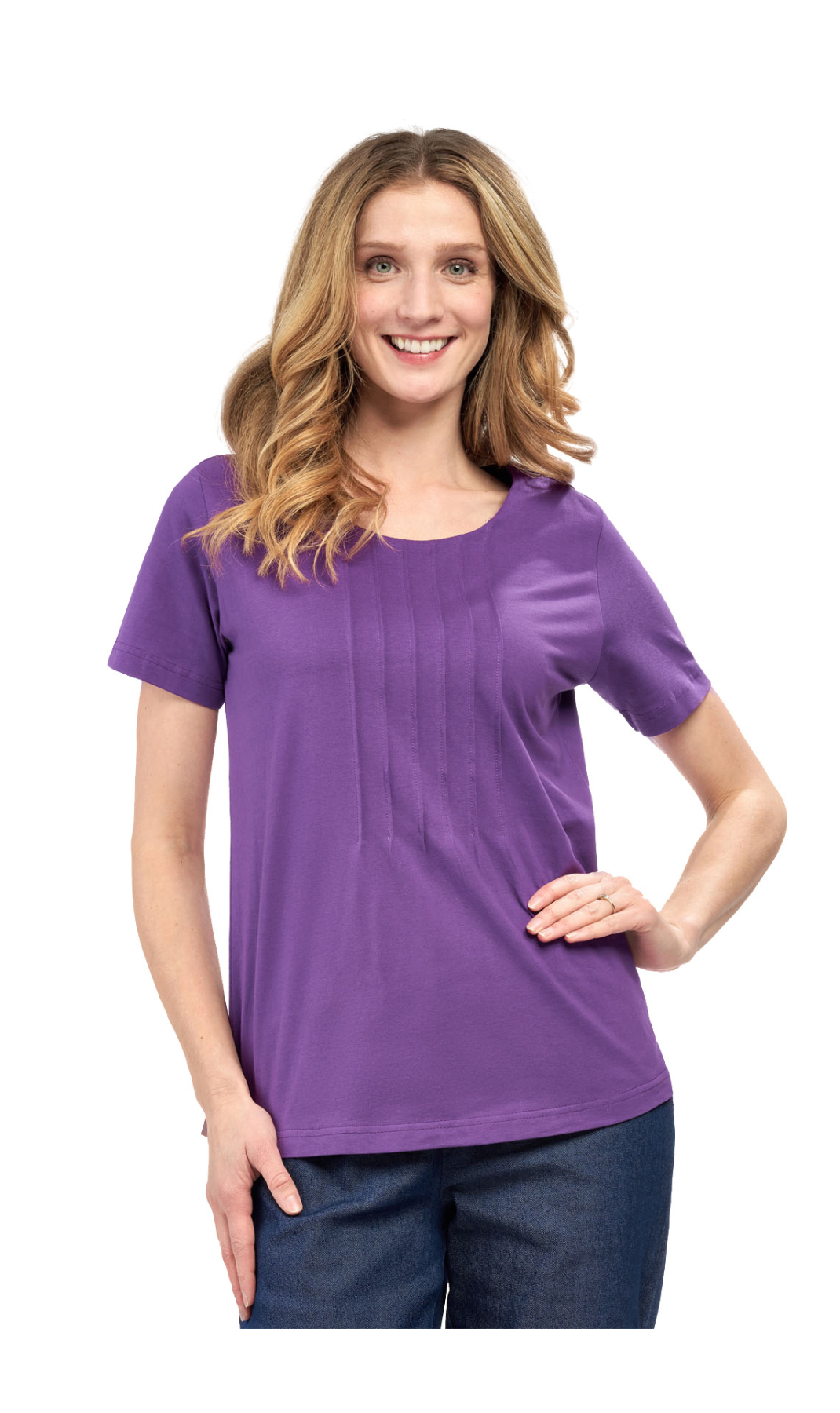 Women's Short Sleeve Cotton Knit T-shirt in Pintuck Style 8