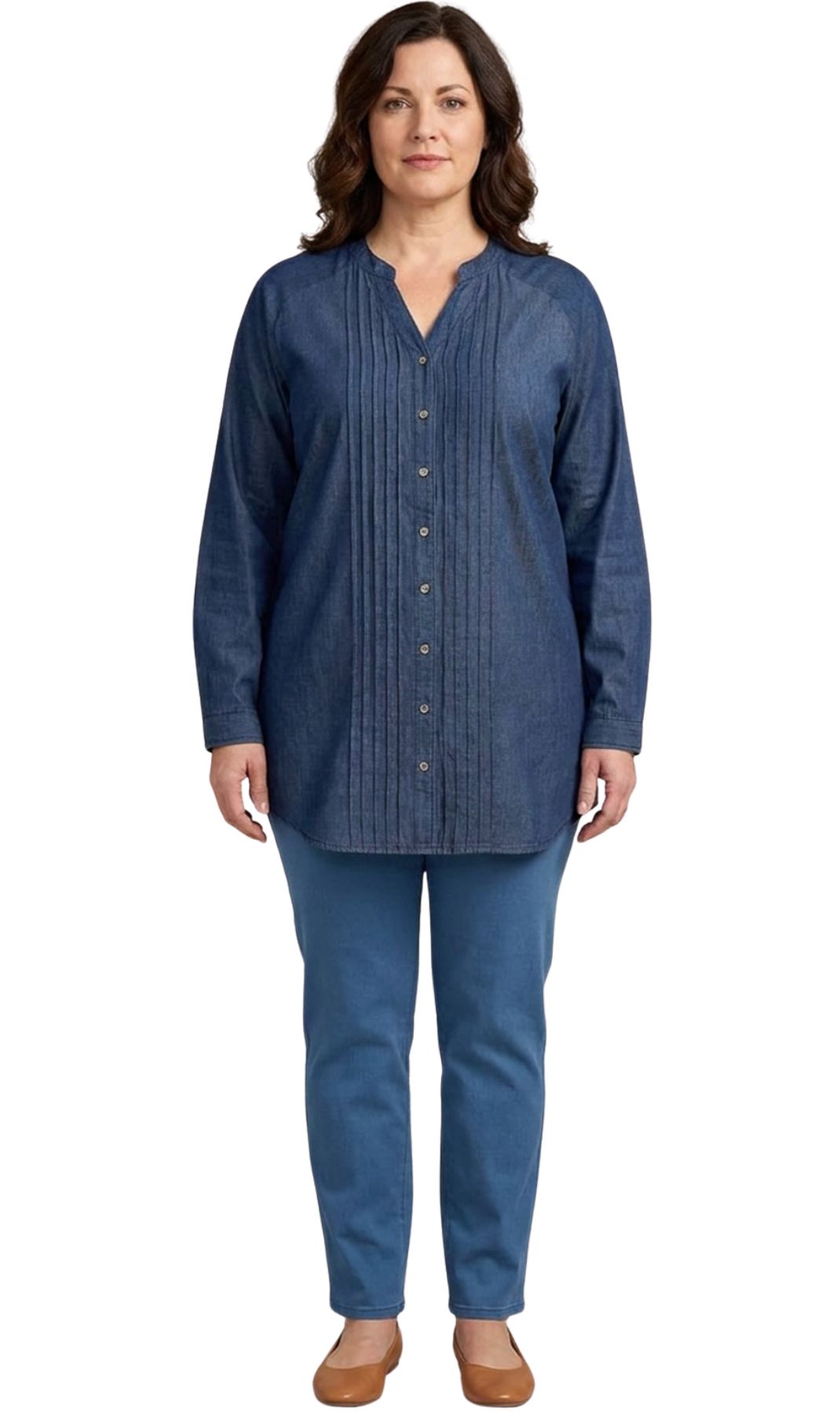 Women's Denim Pintuck Button-Front Tunic Top 6