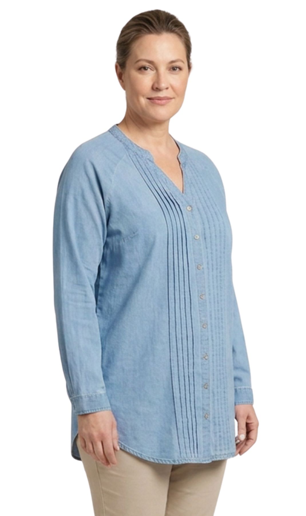 Women's Denim Pintuck Button-Front Tunic Top 10