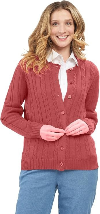 Women's Classic Button Front Cable Knit Cardigan in Soft Acryllic 18