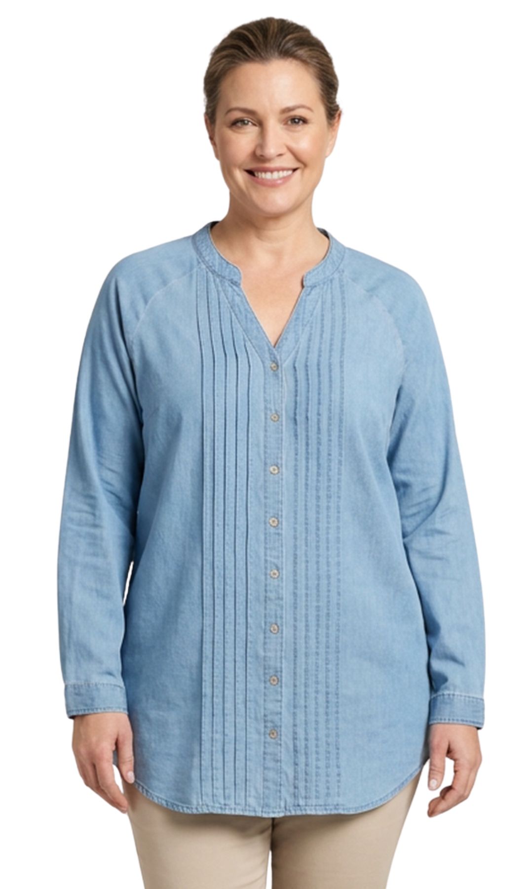 Women's Denim Pintuck Button-Front Tunic Top 7