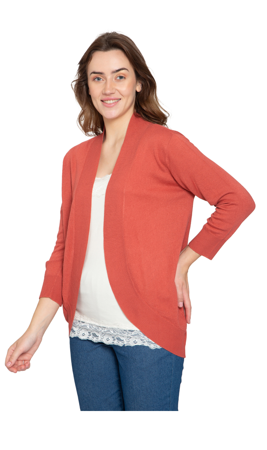 Women's Curved Hem Cardigan - Open Front in Soft Cashmere like Fabric 5